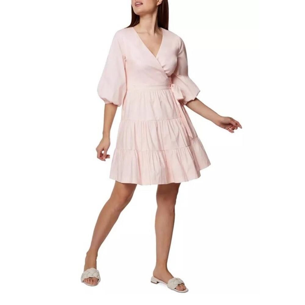BCBGeneration Blush Pink Cotton Wrap Mini Dress 10 Puff Sleeve Tiered Skirt